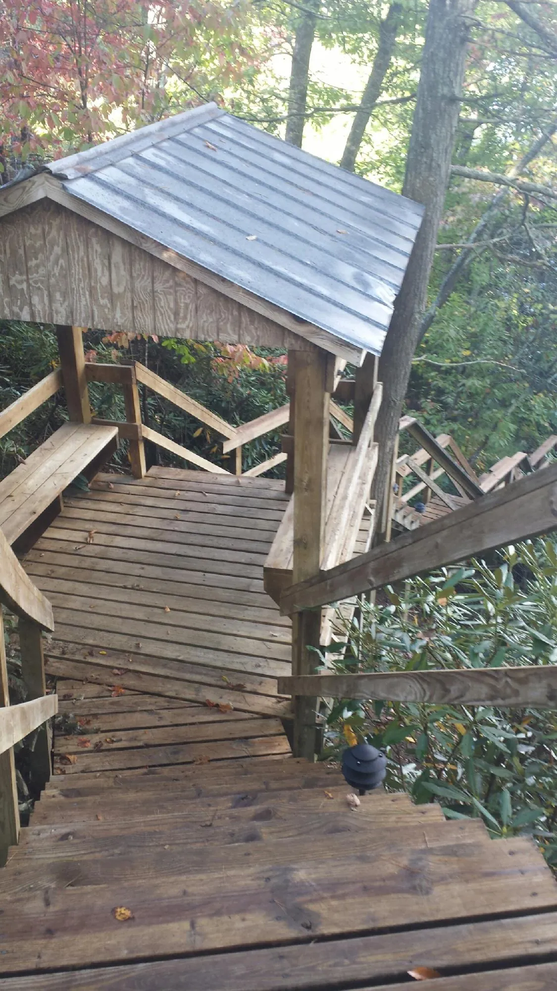 Metal roofed shelter over wooden steps on a wooded walkway — Skylight Repair & Installation work by our crew in Darien Center